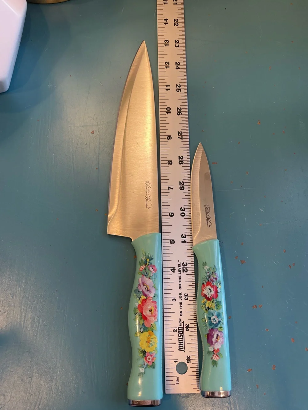 Pioneer Woman Floral Knife Set – 2 Piece, Teal Handles with Plastic Sheaths